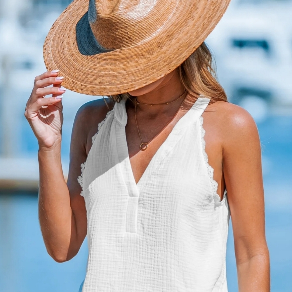 White V-neck lace trim top - Picture 3 of 3